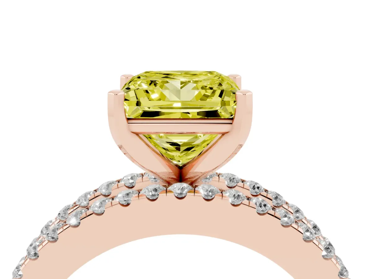 Fancy Yellow Princess Cut Diamond Solitaire Ring with Pavé and Channel Set Band Rose gold