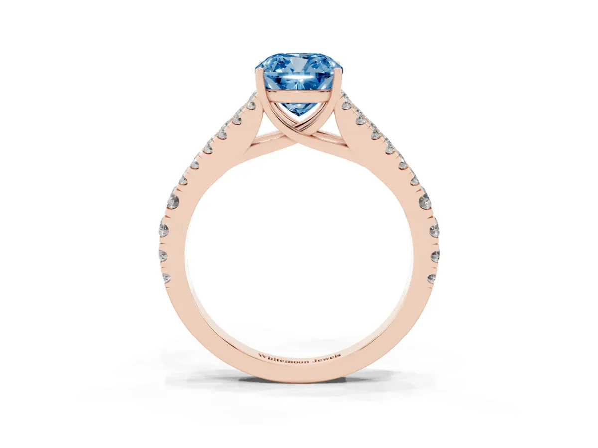 Fancy Blue Cushion Cut Diamond Split Shank Pavé Engagement Ring with Four-Prong Setting Rose gold