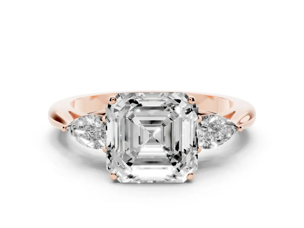 Asscher Cut Diamond Three-Stone Ring with Pear Side Stones and Prong Setting Rose gold