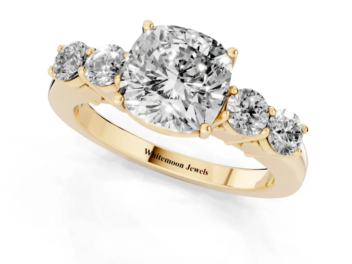 Cushion Cut Cut Diamond Five-Stone Prong Set White Gold Ring Yellow gold
