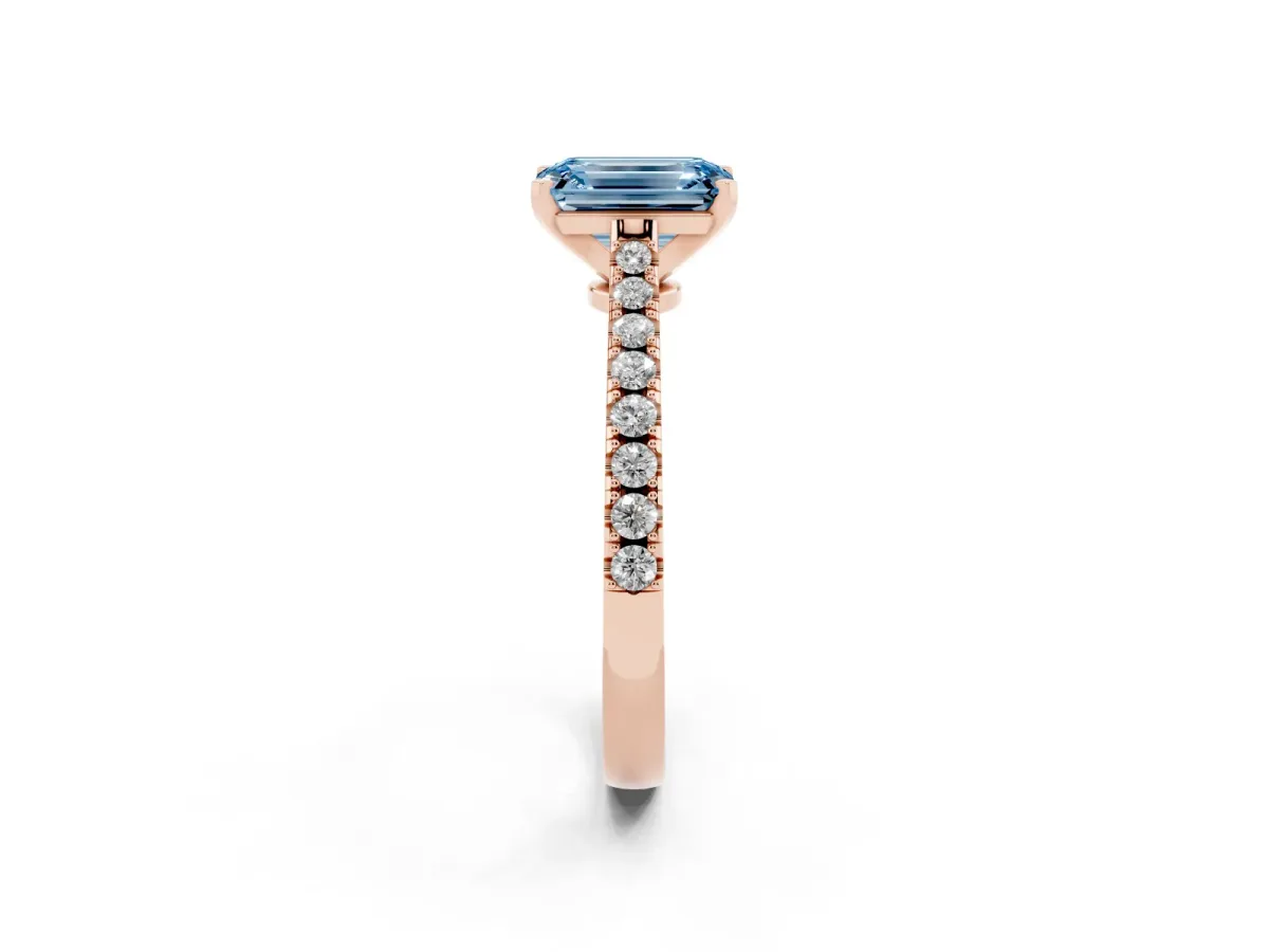 Fancy Blue Emerald Cut Cut Solitaire Diamond Engagement Ring with Pave Band and Four-Prong Setting Rose gold