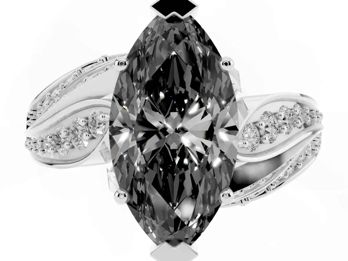 Fancy Black Marquise Cut Diamond Solitaire Ring with Prong Setting and Twisted Pavé Band Silver