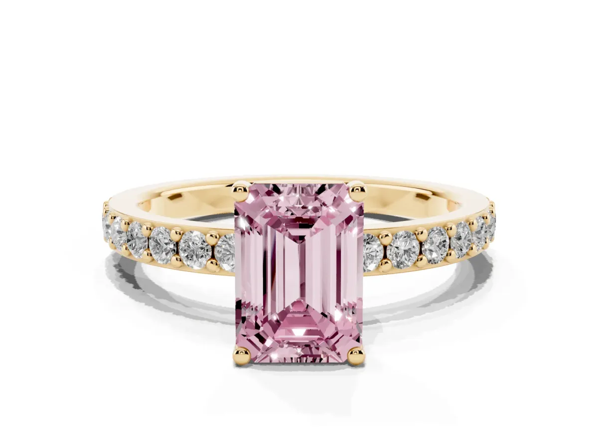 Fancy Pink Emerald Cut Cut Diamond Solitaire with Pave Band and Four-Prong Setting Yellow gold