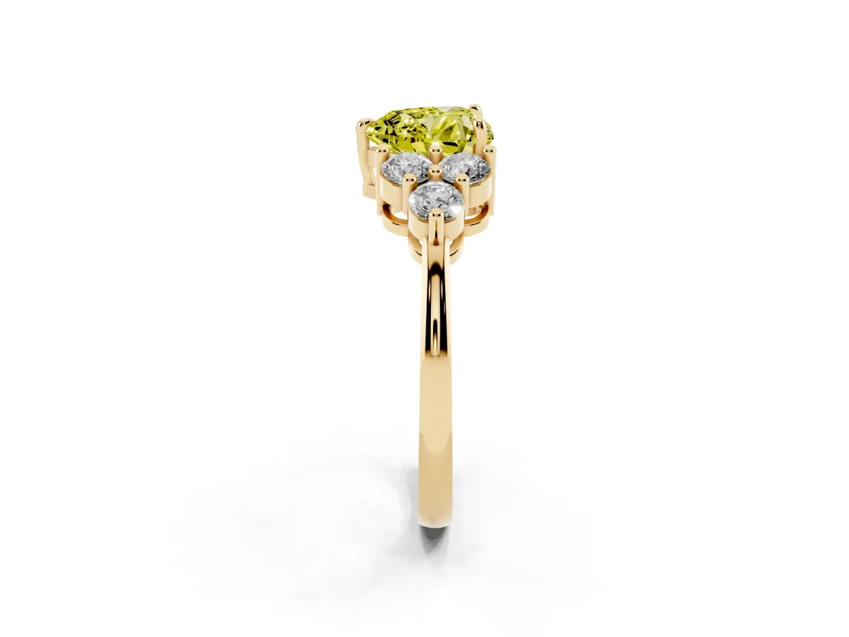 Fancy Yellow Heart Cut Brilliant Diamond Cluster Accent Solitaire Ring with Prong Setting Yellow gold