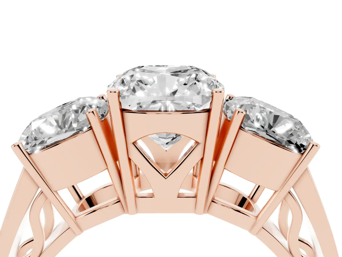 Cushion Cut Diamond Three-Stone Ring with Prong Setting and Textured Band Rose gold