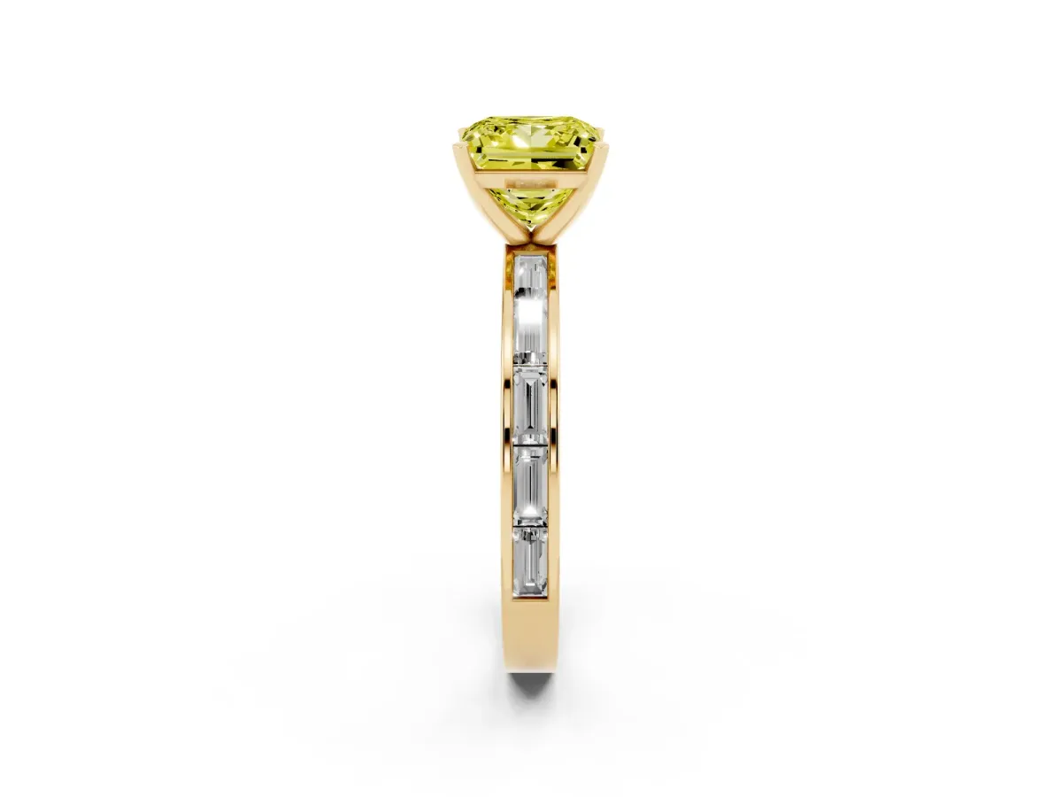Fancy Yellow Princess Cut Solitaire Diamond Ring with Channel-Set Baguette Band and Four-Prong Setting Yellow gold