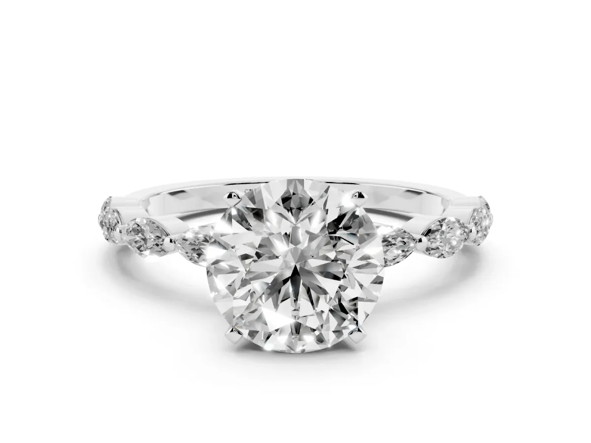 Round Cut Diamond Ring with Marquise Side Stones and Prong Setting Silver