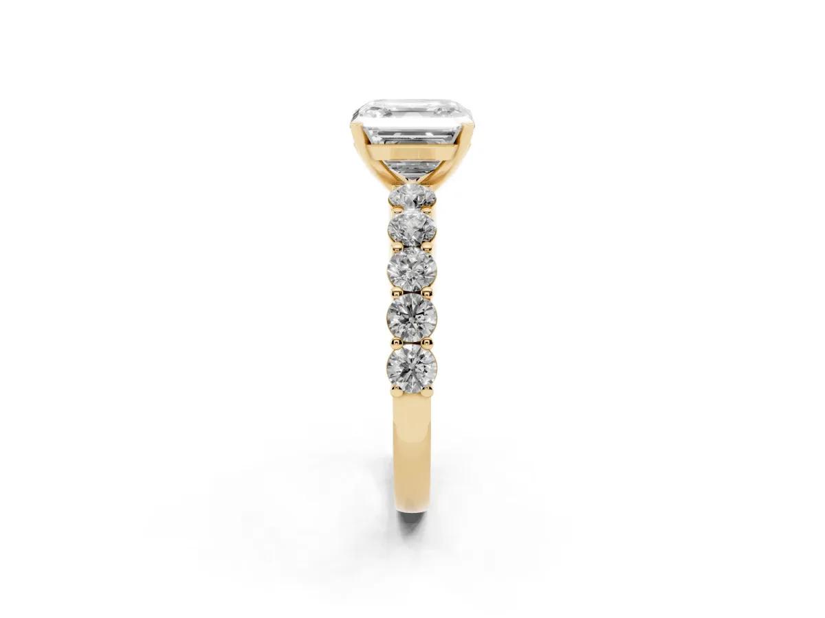 Asscher Cut Diamond Solitaire Ring with Shared Prong Round Side Stones Yellow gold