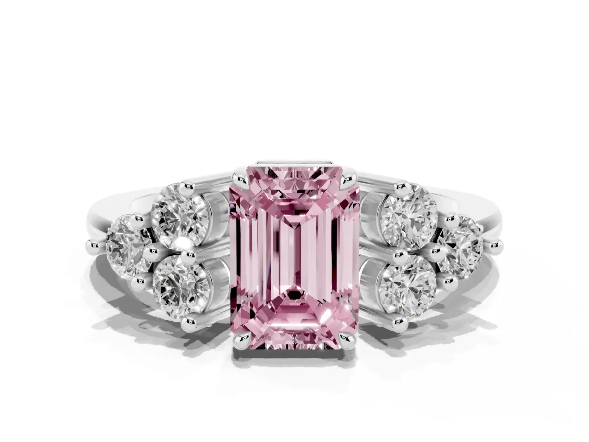 Fancy Pink Emerald Cut Brilliant Diamond Cluster Accent Solitaire Ring with Prong Setting Silver