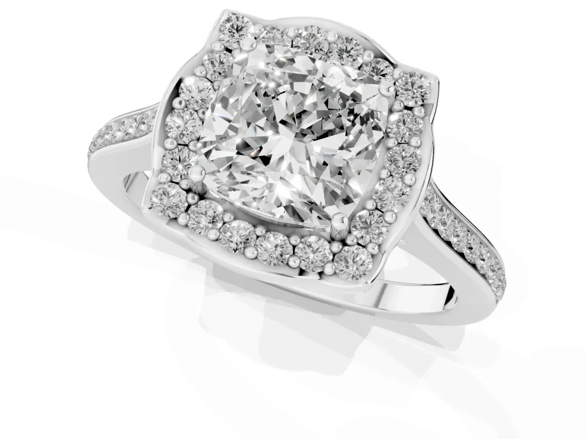 Cushion Cut Halo Round Diamond Pave Band with Four-Prong Setting Silver