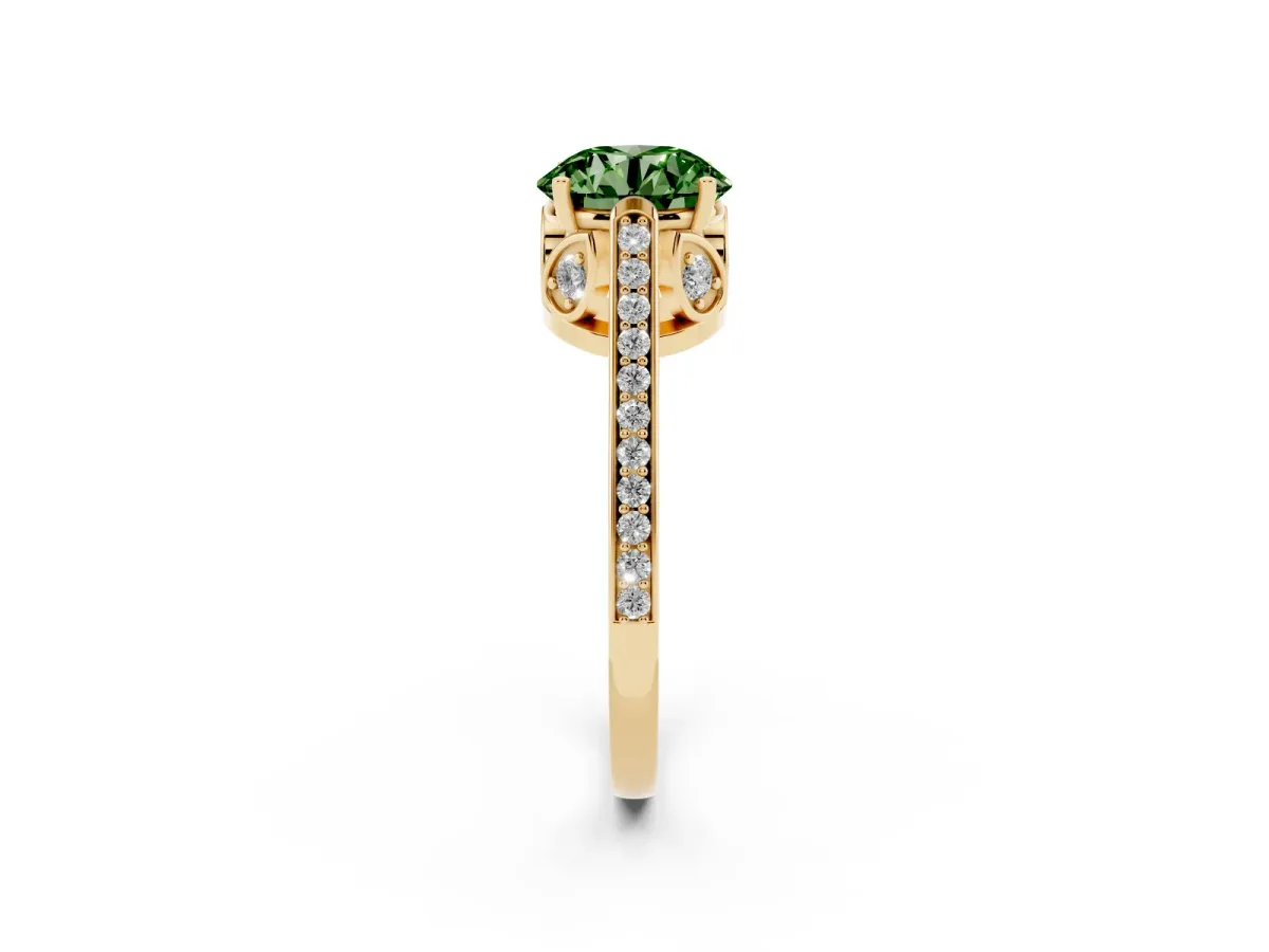 Fancy Green Round Cut Cut Cathedral Pave Diamond Engagement Ring with Six-Prong Setting Yellow gold
