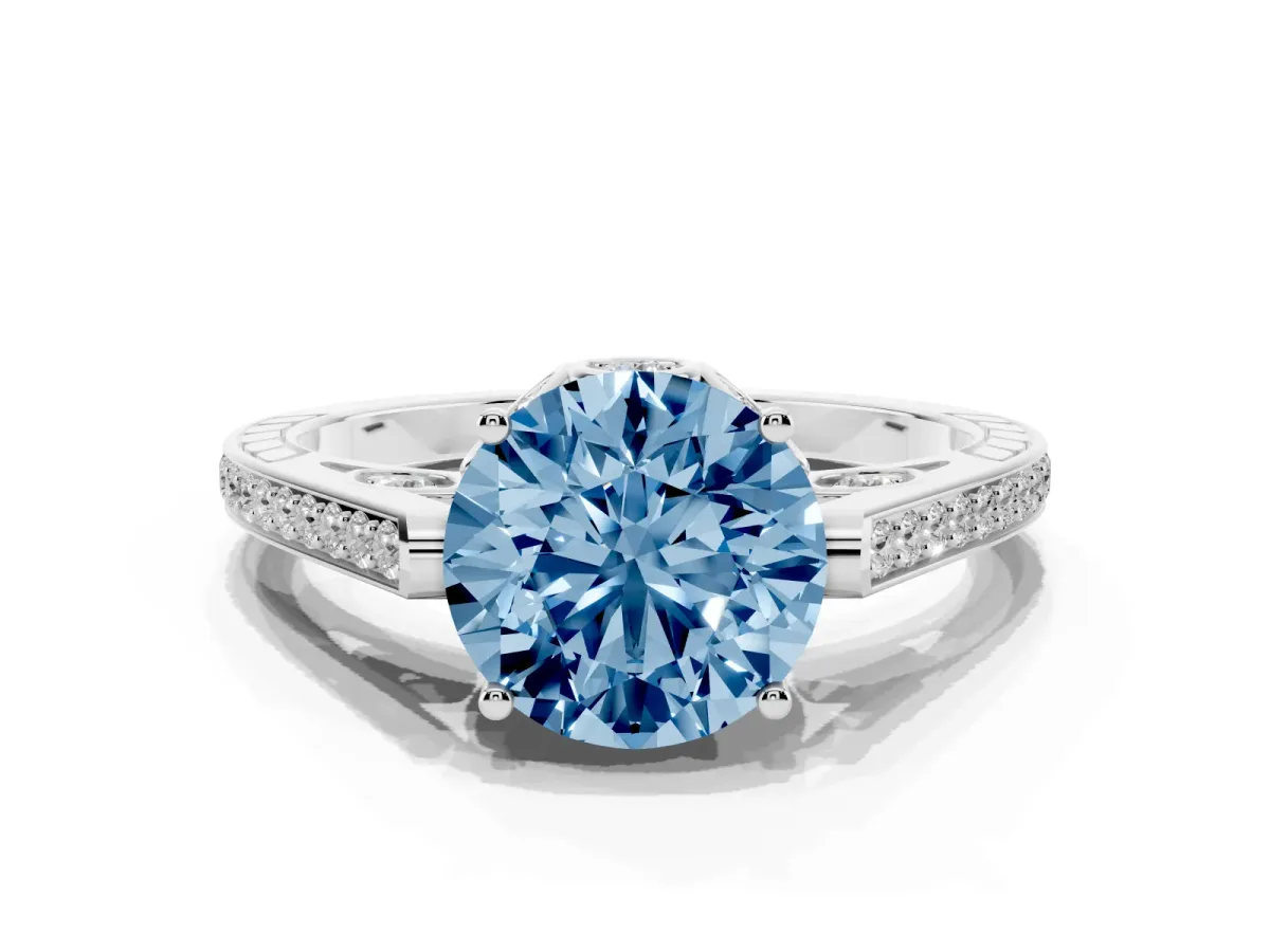 Fancy Blue Round Cut Cut Cathedral Pave Diamond Engagement Ring with Six-Prong Setting Platinum