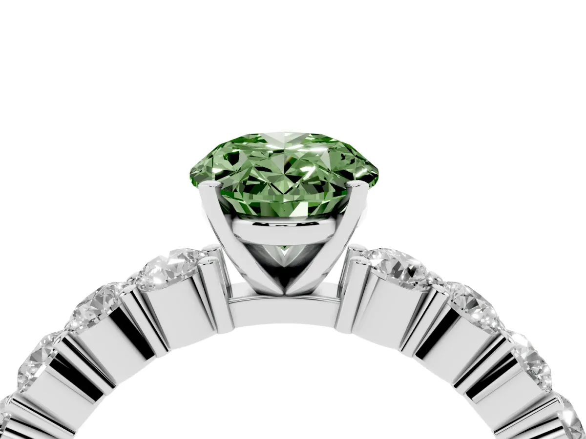Fancy Green Oval Cut Diamond Solitaire Ring with Shared Prong Round Side Stones Silver