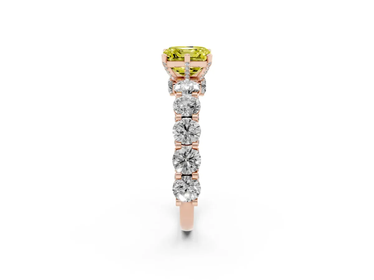 Fancy Yellow Asscher Cut Diamond Side Stone Engagement Ring with Four-Prong Setting Rose gold