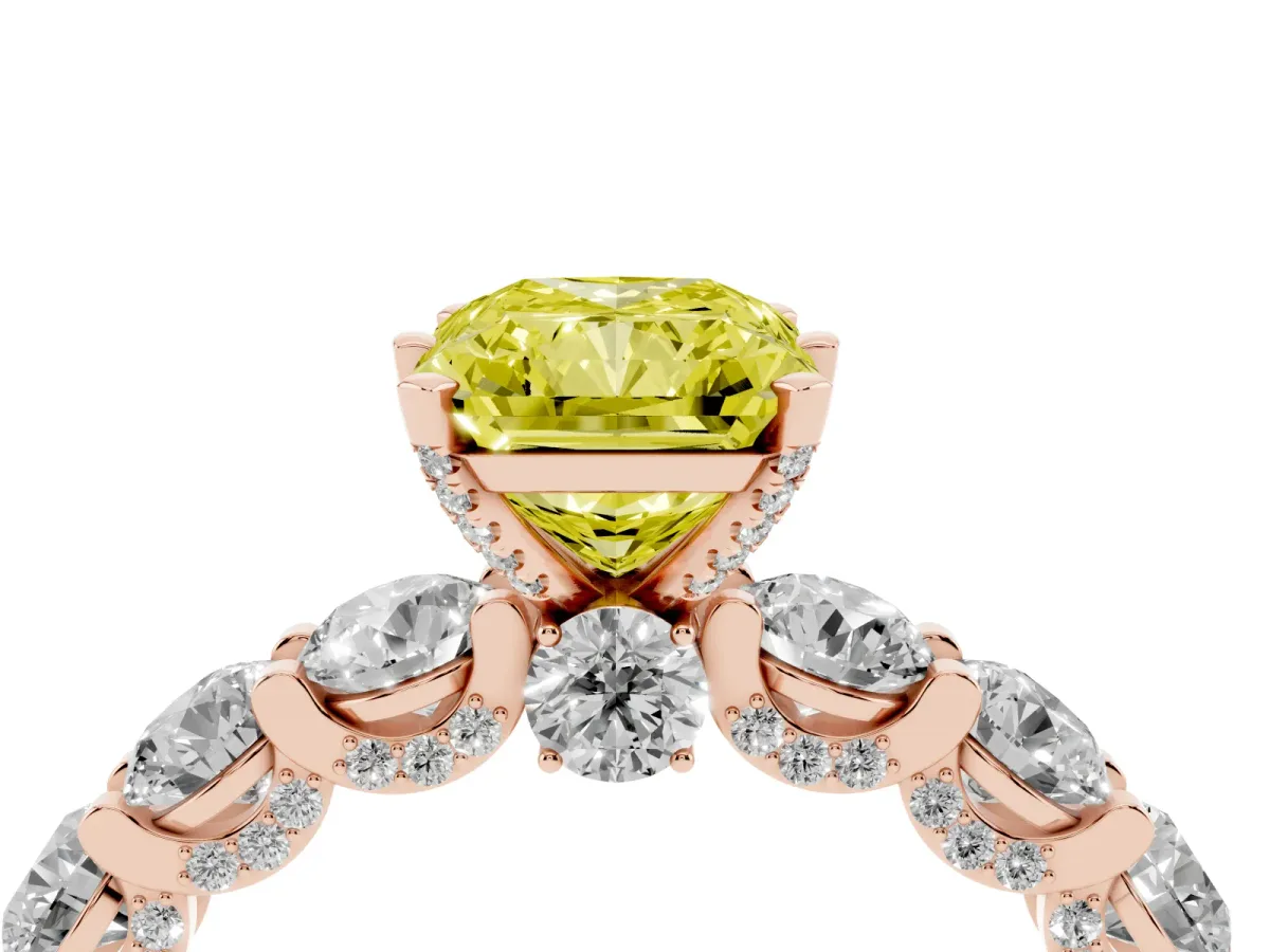 Fancy Yellow Radiant Cut Diamond Side Stone Engagement Ring with Four-Prong Setting Rose gold
