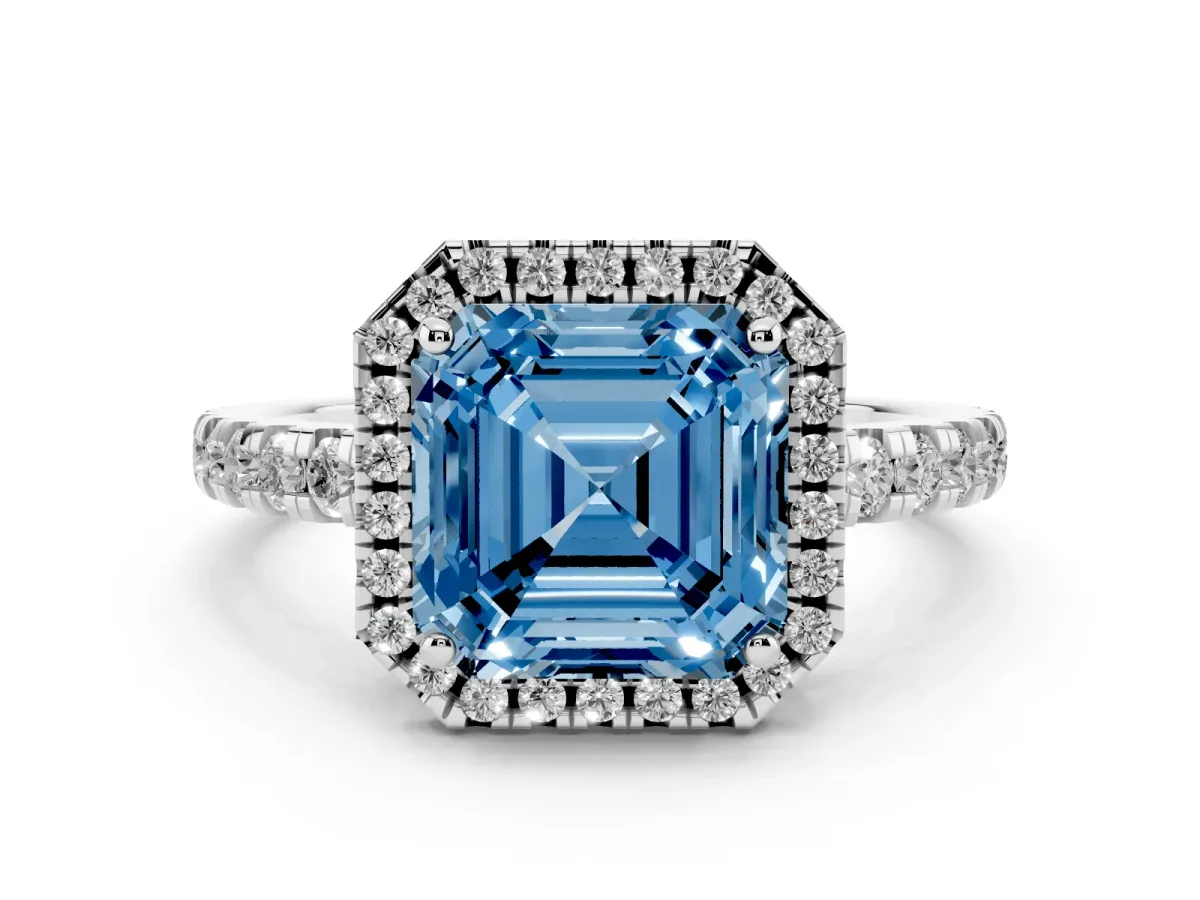 Fancy Blue Asscher Cut Diamond Halo Ring with Pavé Band and Four-Prong Setting Platinum