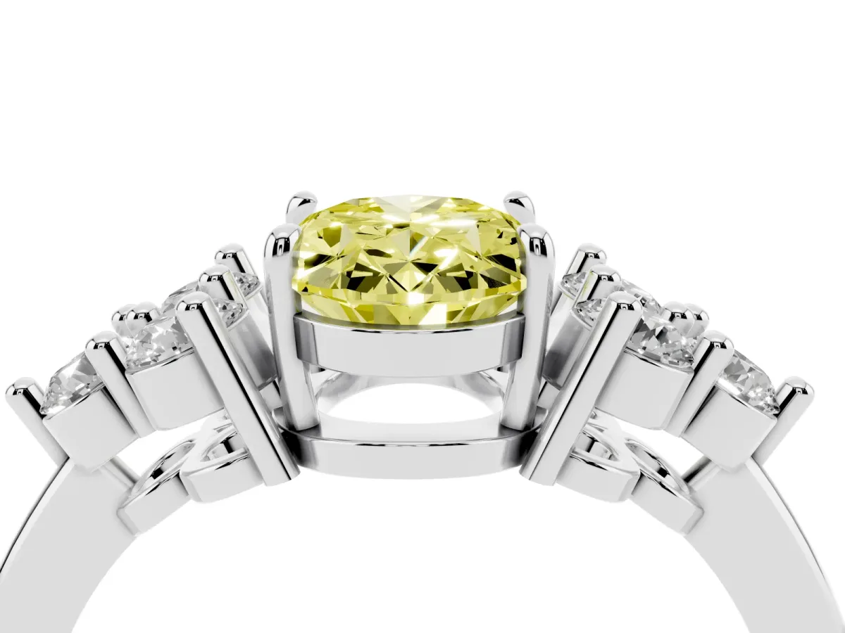 Fancy Yellow Oval Cut Brilliant Diamond Cluster Accent Solitaire Ring with Prong Setting White gold