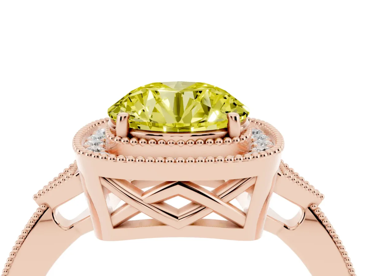 Fancy Yellow Round Cut Halo Round Diamond Milgrain Pave Engagement Ring Rose gold