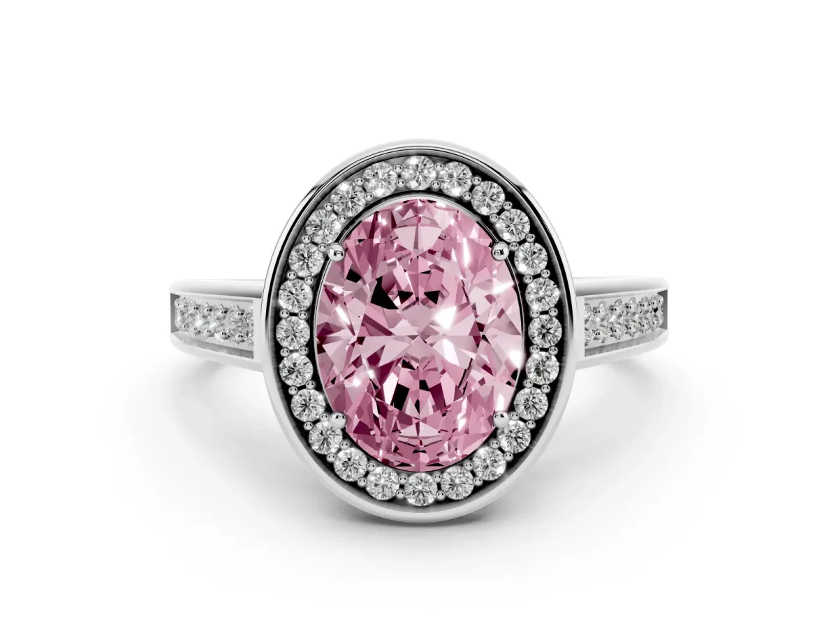 Fancy Pink Oval Cut Halo Solitaire Diamond Ring with Pave Band and Bezel Setting Silver