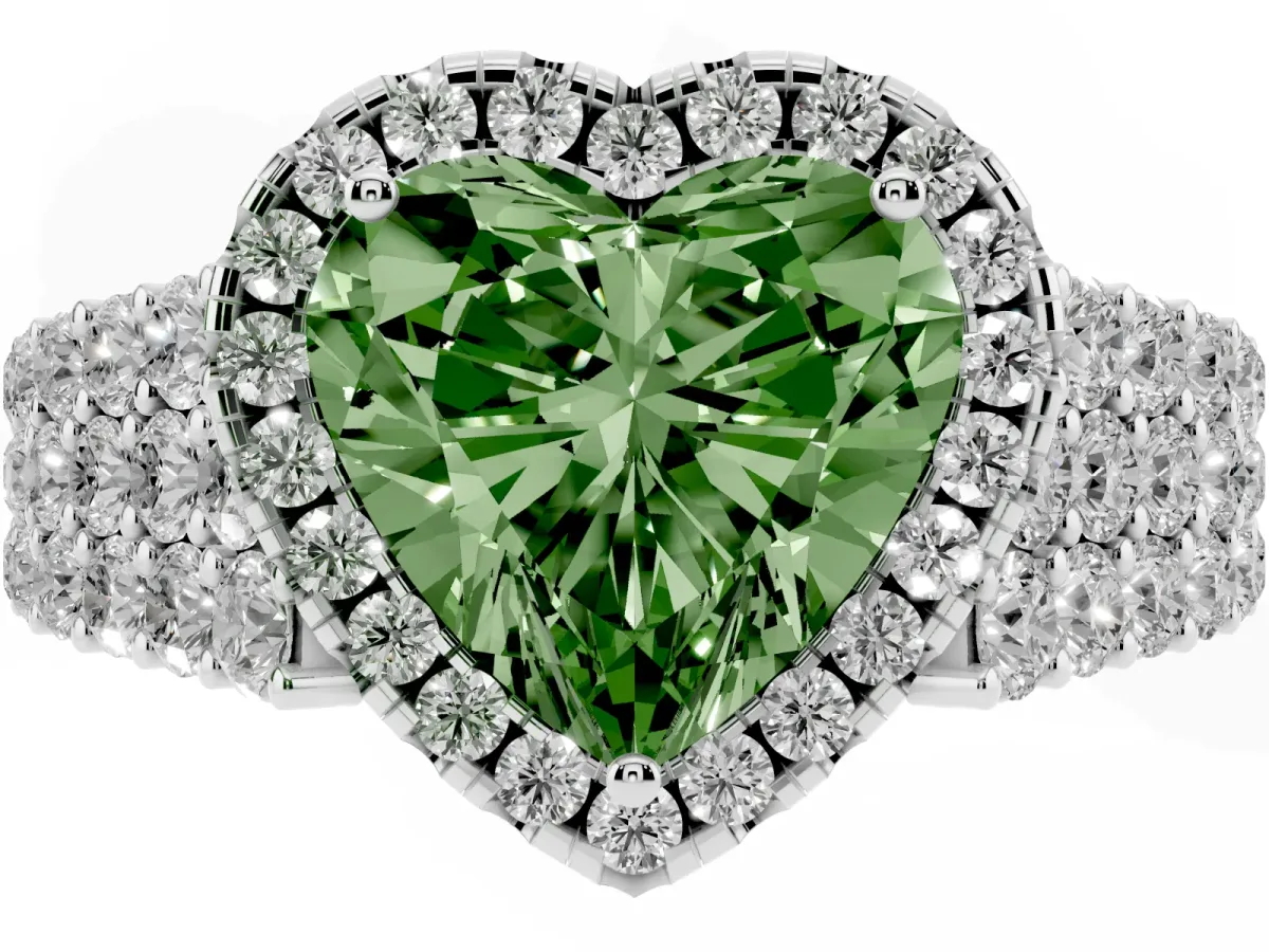 Fancy Green Heart Cut Diamond Halo Engagement Ring with Triple Row Round Pavé Band and Prong Setting Silver