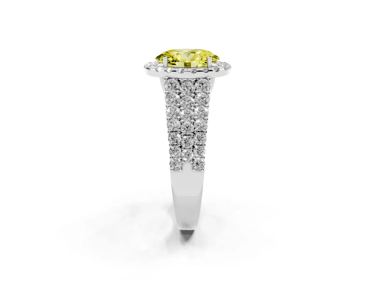 Fancy Yellow Oval Cut Diamond Halo Engagement Ring with Triple Row Round Pavé Band and Prong Setting Platinum