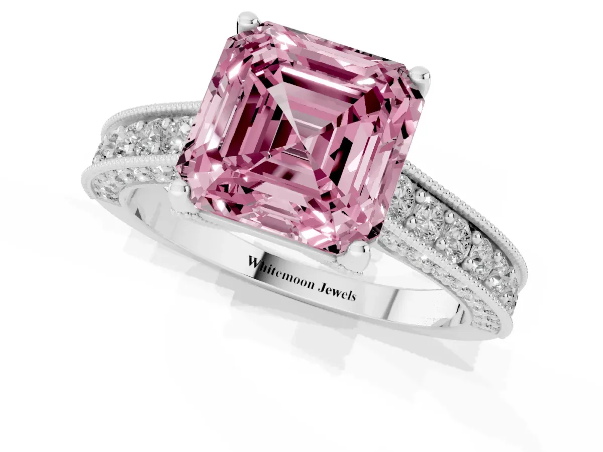 Fancy Pink Asscher Cut Cut Diamond Solitaire Ring with Milgrain Pave Band and Four Prong Setting Silver