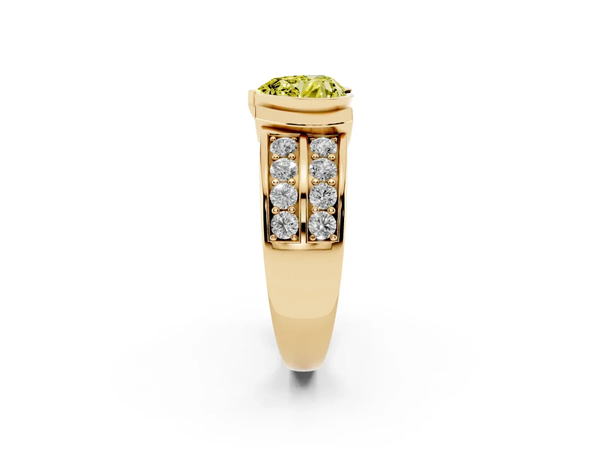 Fancy Yellow Heart Cut Brilliant Diamond Channel Set Wide Band Ring with Bezel Setting Yellow gold