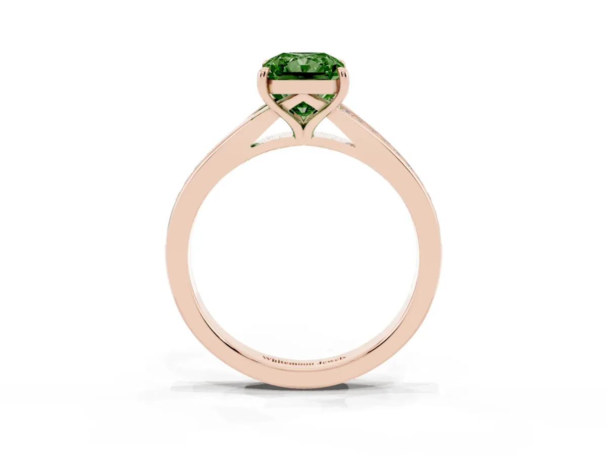 Fancy Green Radiant Cut Diamond Solitaire Ring with Pavé Band and Prong Setting Rose gold