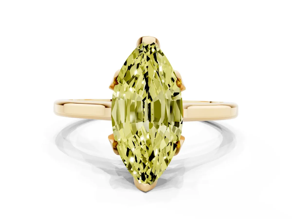 Fancy Yellow Marquise Cut Diamond Solitaire Ring with Flower Prong Setting and Classic Band Yellow gold