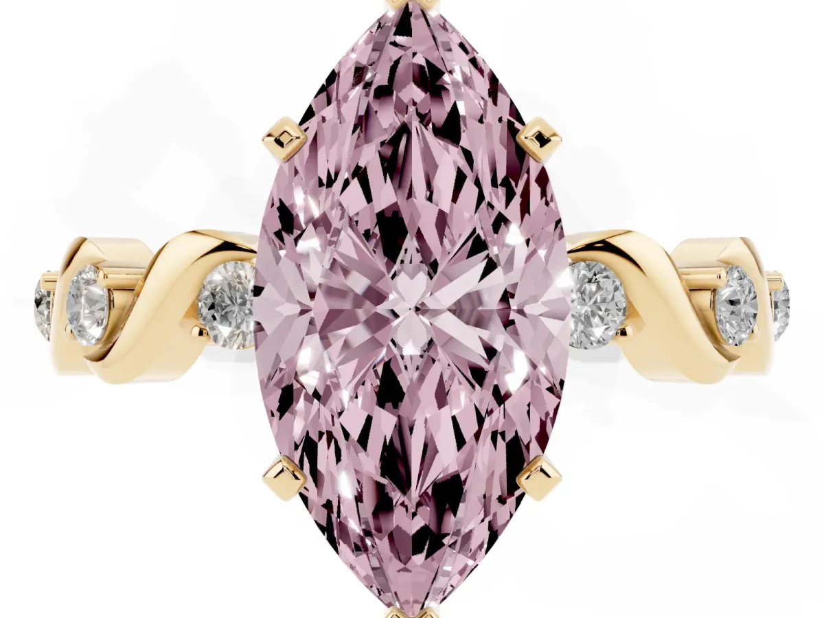 Fancy Pink Marquise Cut Diamond Solitaire Twisted Band with Round Accents and Prong Setting Yellow gold
