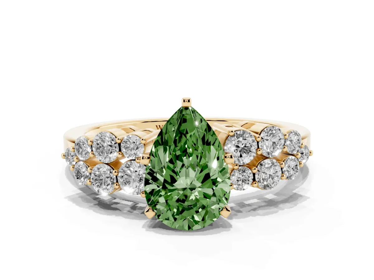 Fancy Green Pear Cut Cluster Diamond Engagement Ring with Pavé Band and Four-Prong Setting Yellow gold
