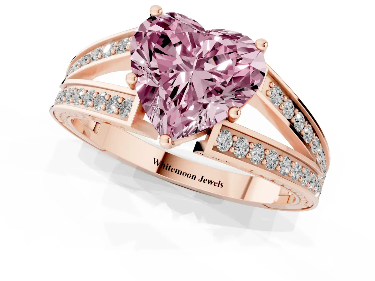 Fancy Pink Heart Cut Diamond Split Shank Ring with Pavé Band and Four-Prong Setting Rose gold