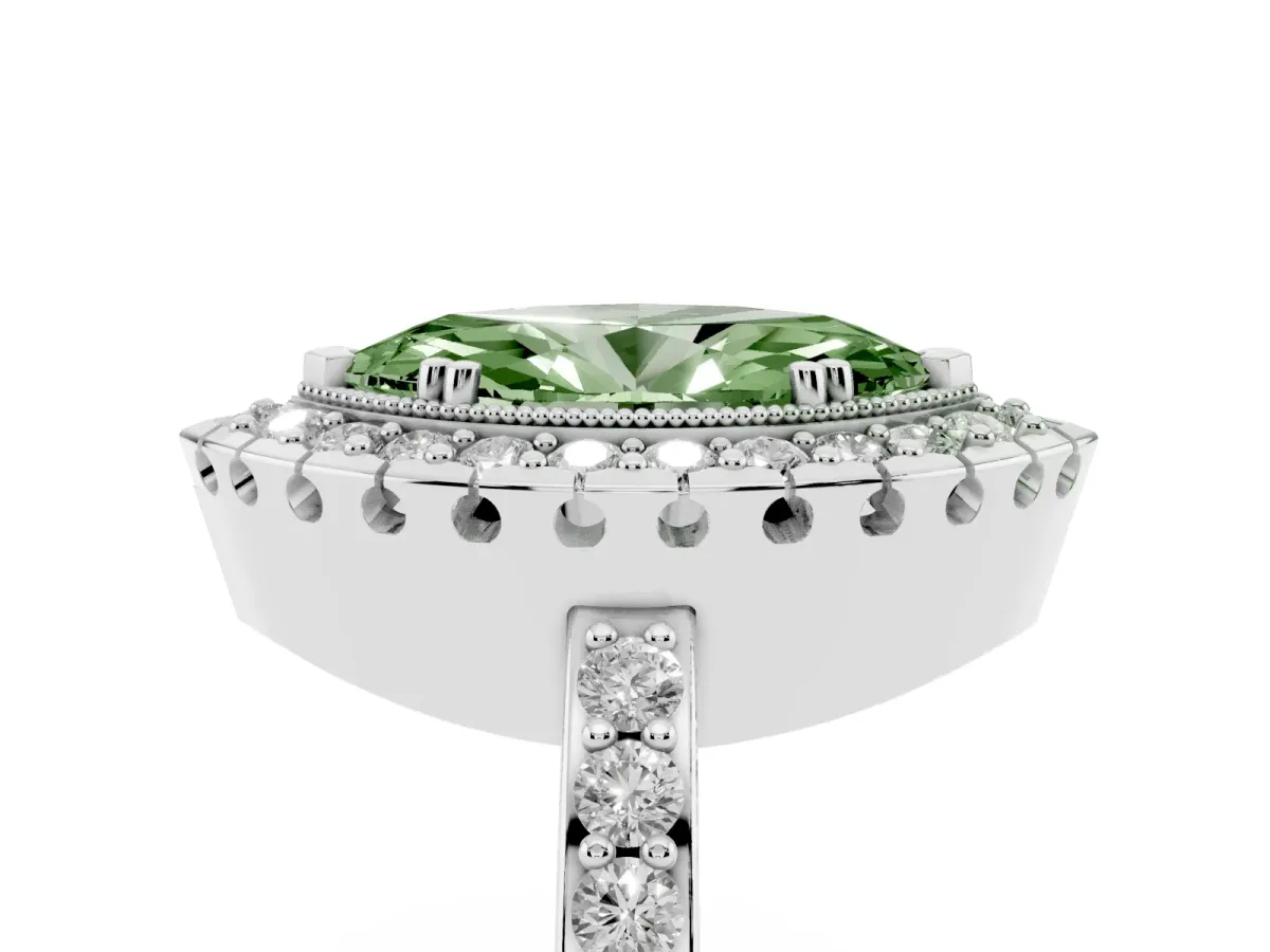Fancy Green Marquise Cut Diamond Halo Ring with Pavé Band and Prong Setting White gold
