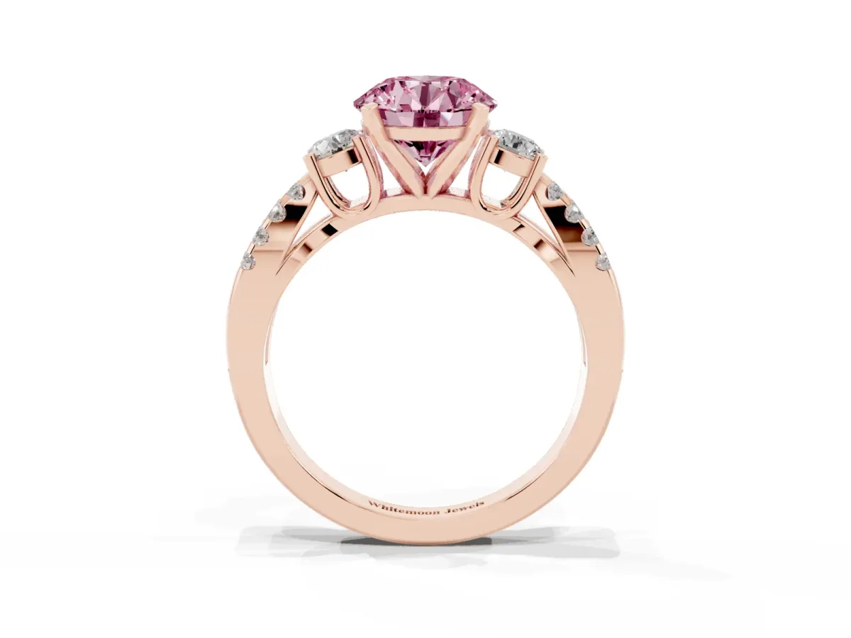 Fancy Pink Round Cut Diamond Three-Stone Ring with Pavé Split Shank and Four-Prong Setting Rose gold