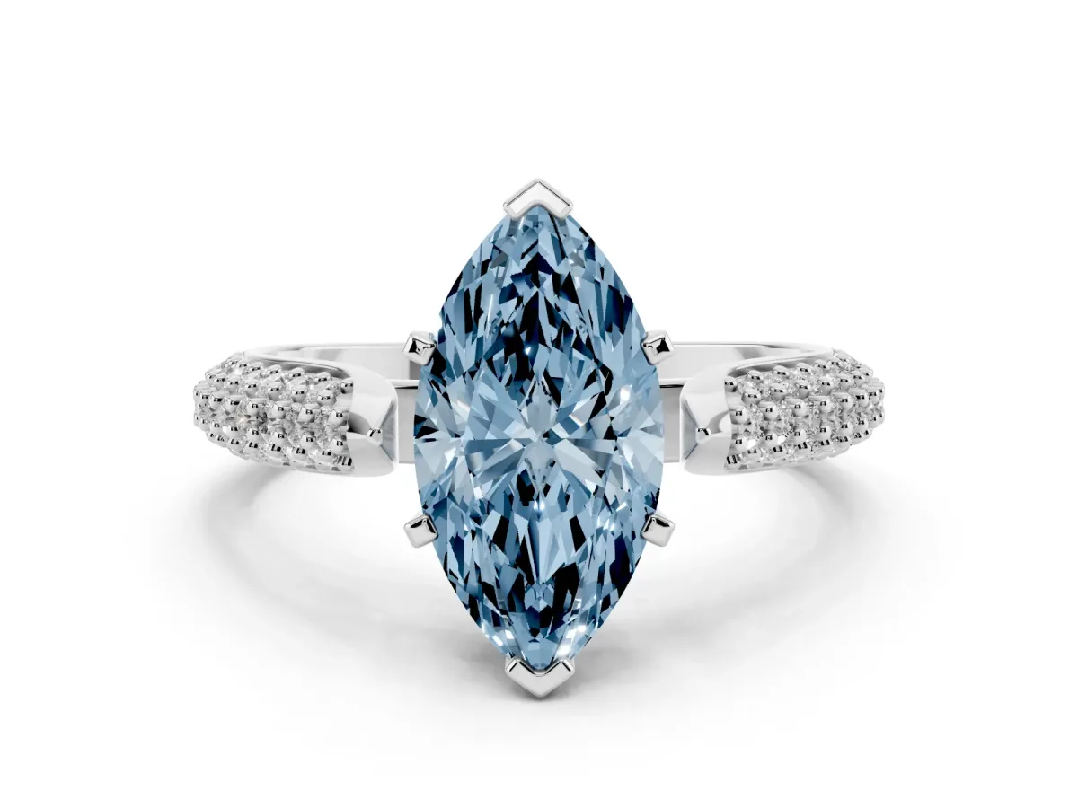 Fancy Blue Marquise Cut Diamond Solitaire Engagement Ring with Multi-Row Round Pavé Band and Prong Setting Silver