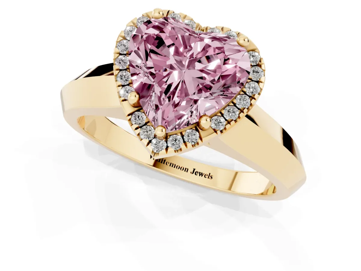 Fancy Pink Heart Cut Halo Diamond Ring with Cathedral Band and Four-Prong Setting Yellow gold