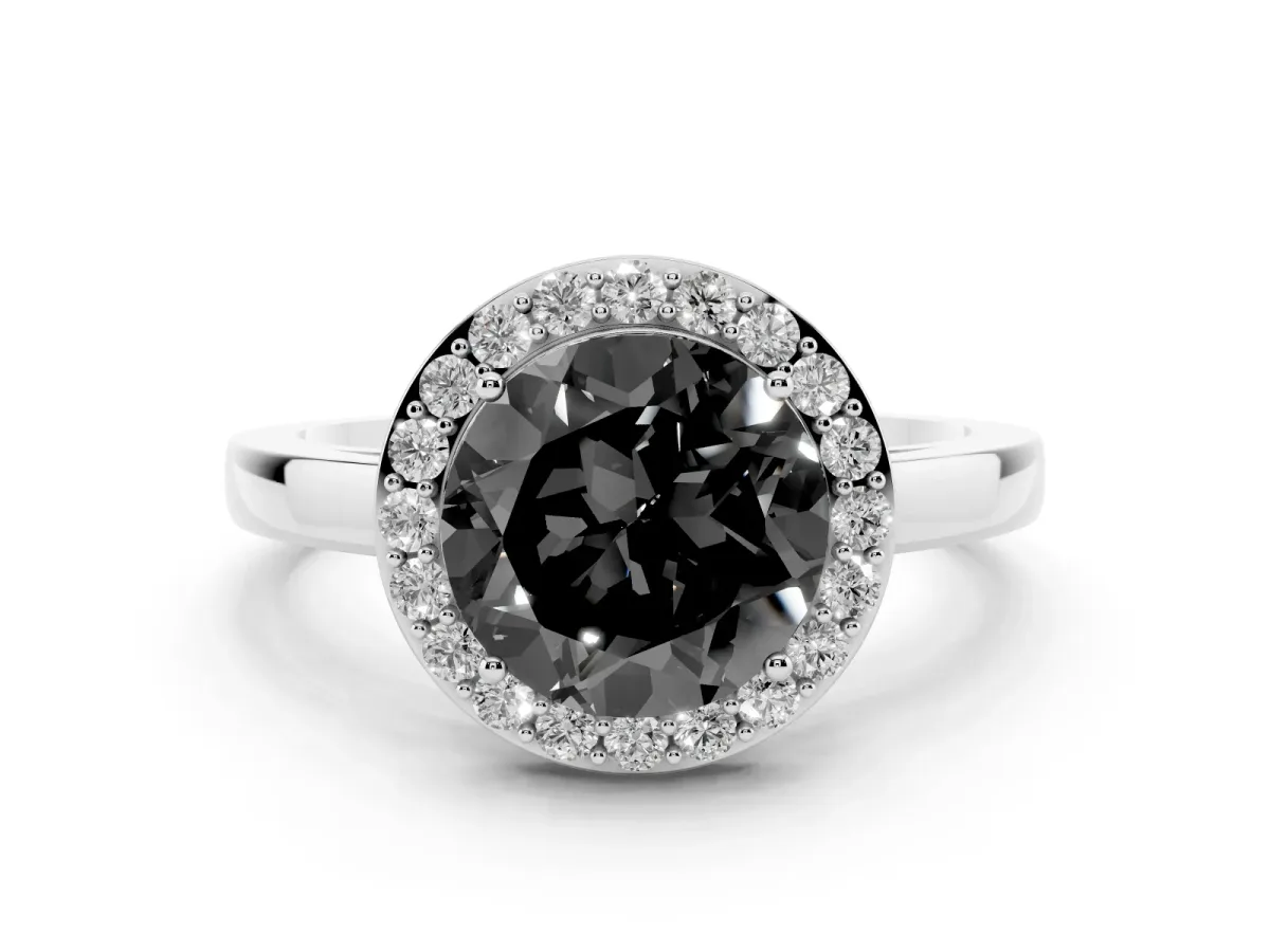 Fancy Black Round Cut Halo Diamond Ring with Solitaire Band and Prong Setting Silver