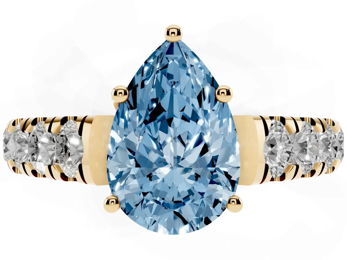 Fancy Blue Pear Cut Cut Diamond Solitaire Ring with Micro Pave Band and Prong Setting Yellow gold