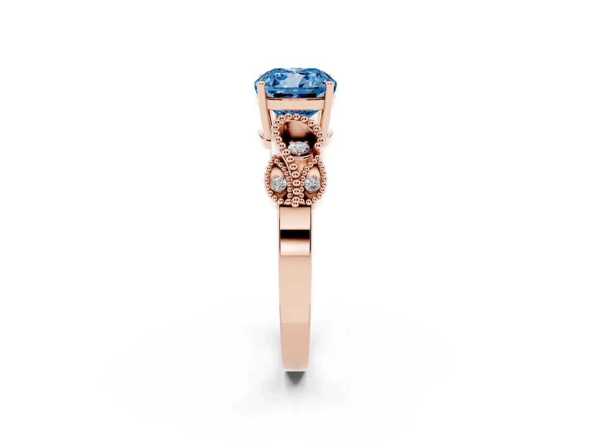 Fancy Blue Cushion Cut Solitaire Milgrain Leaf Band with Prong Setting Rose gold