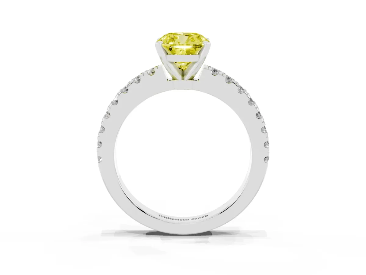 Fancy Yellow Cushion Cut Solitaire Diamond with Pavé Band and Four-Prong Setting White gold