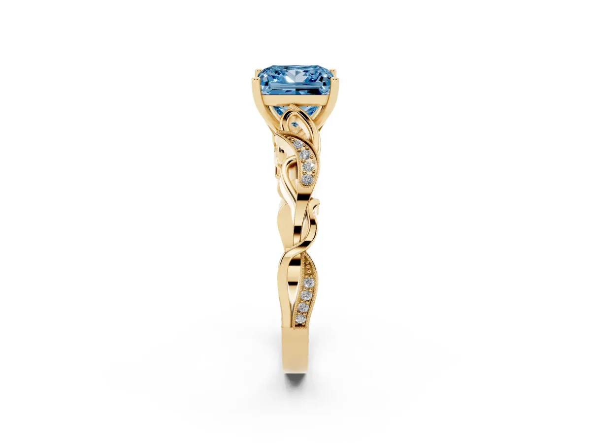 Fancy Blue Princess Cut Solitaire Vine Band with Milgrain Prong Setting Yellow gold
