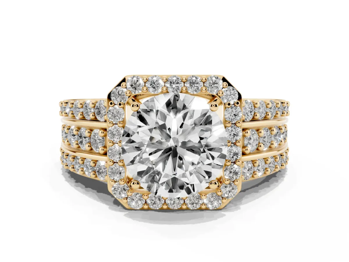 Round Cut Halo Diamond Ring with Round Split Shank and Prong Setting Yellow gold