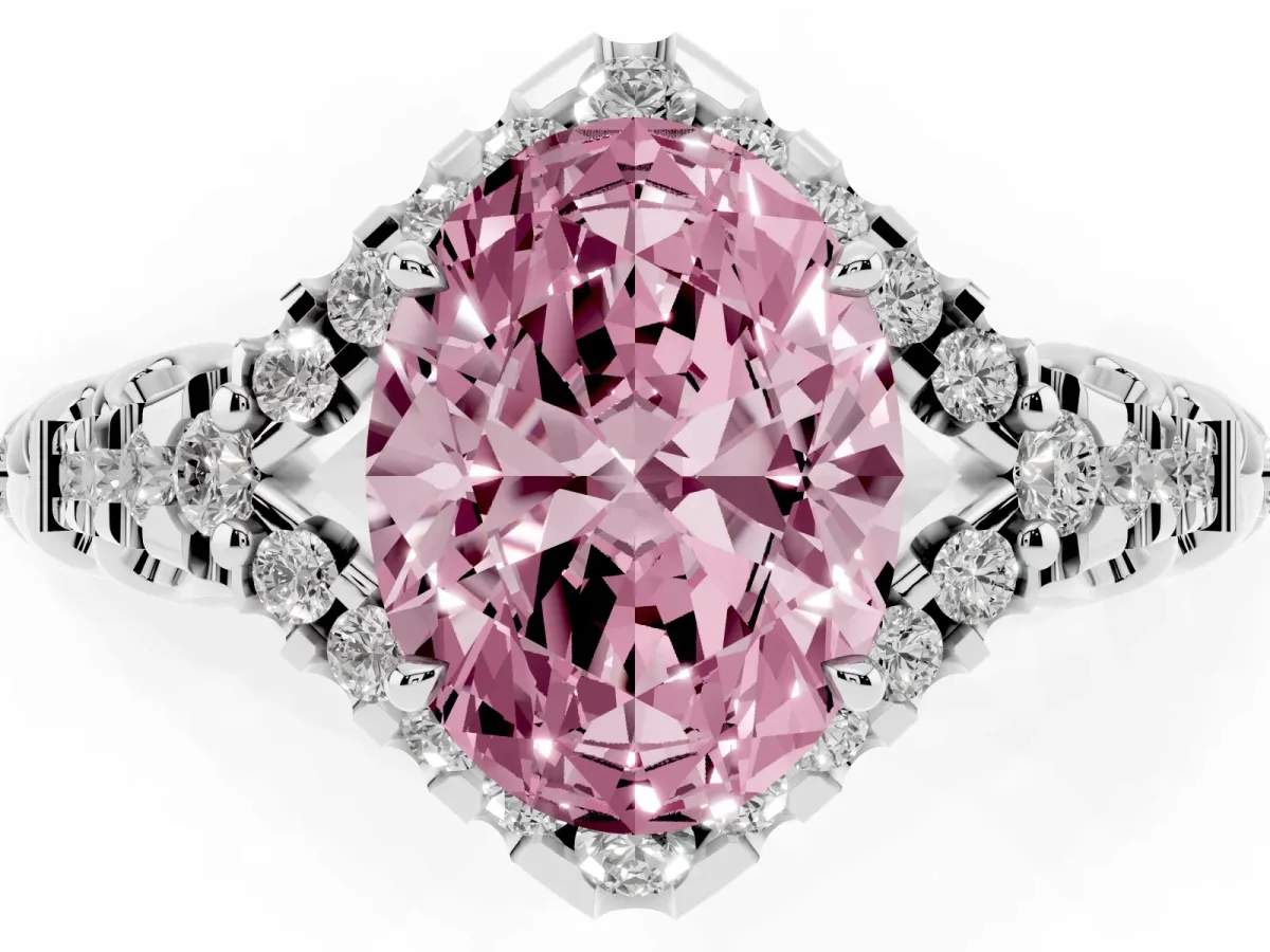 Fancy Pink Oval Cut Diamond Solitaire Ring with Hidden Halo and Pavé Band Platinum