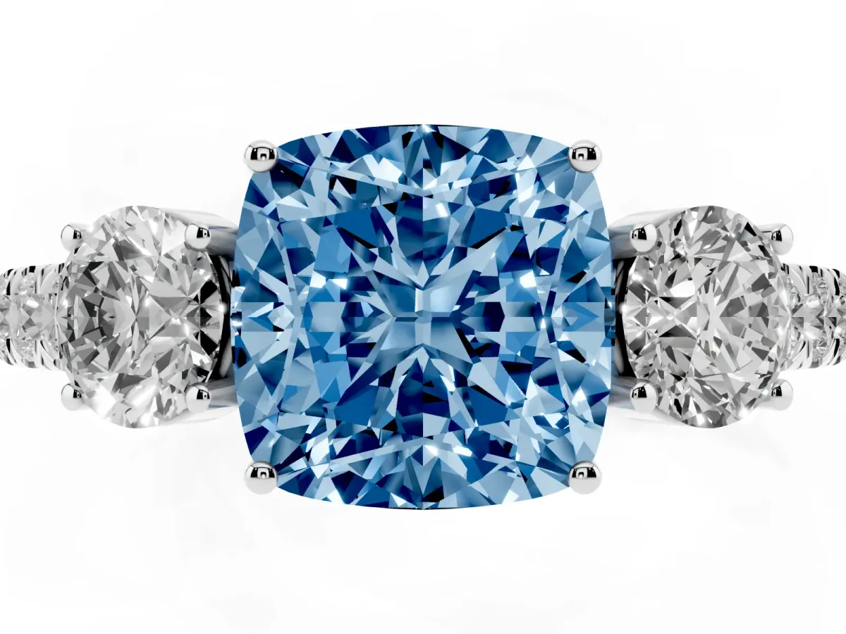 Fancy Blue Cushion Cut Cut Diamond Three-Stone Ring with Round Side Stones and Pavé Band Silver