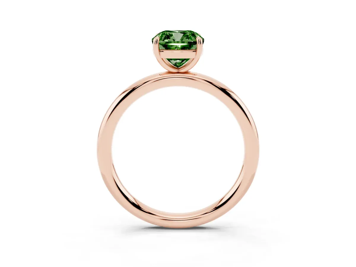 Fancy Green Cushion Cut Solitaire Diamond Ring with Four-Prong Setting on a Plain Band Rose gold