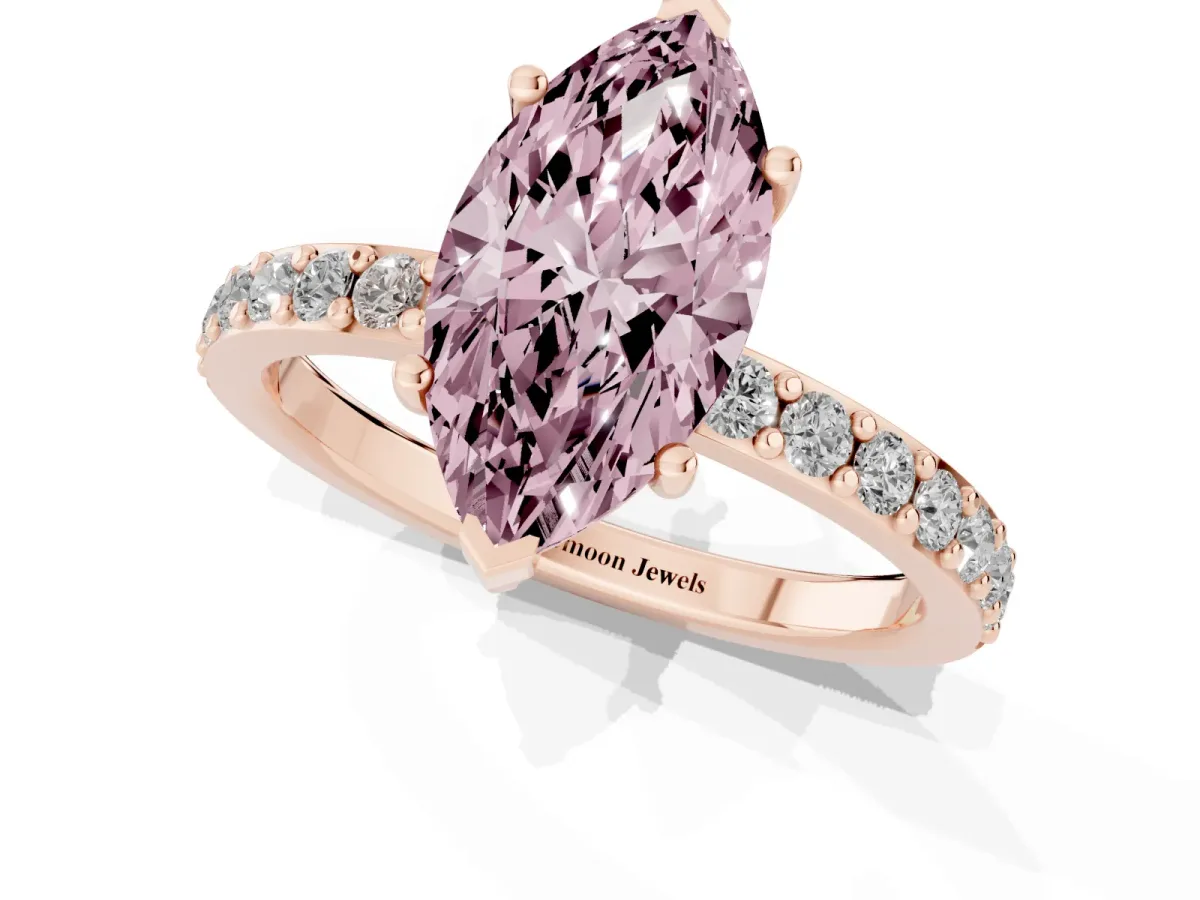 Fancy Pink Marquise Cut Cut Diamond Solitaire with Pave Band and Four-Prong Setting Rose gold