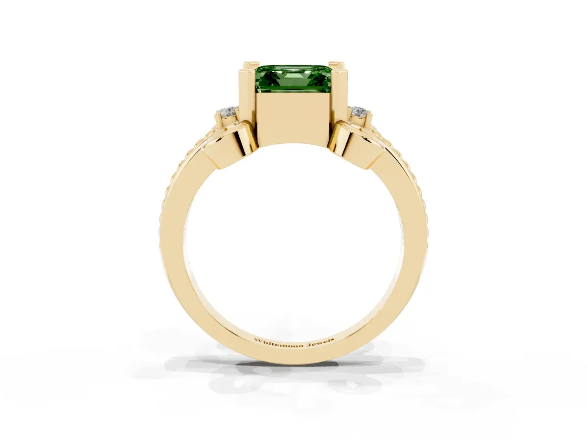 Fancy Green Asscher Cut Solitaire Twisted Band Scroll Prong Ring Yellow gold