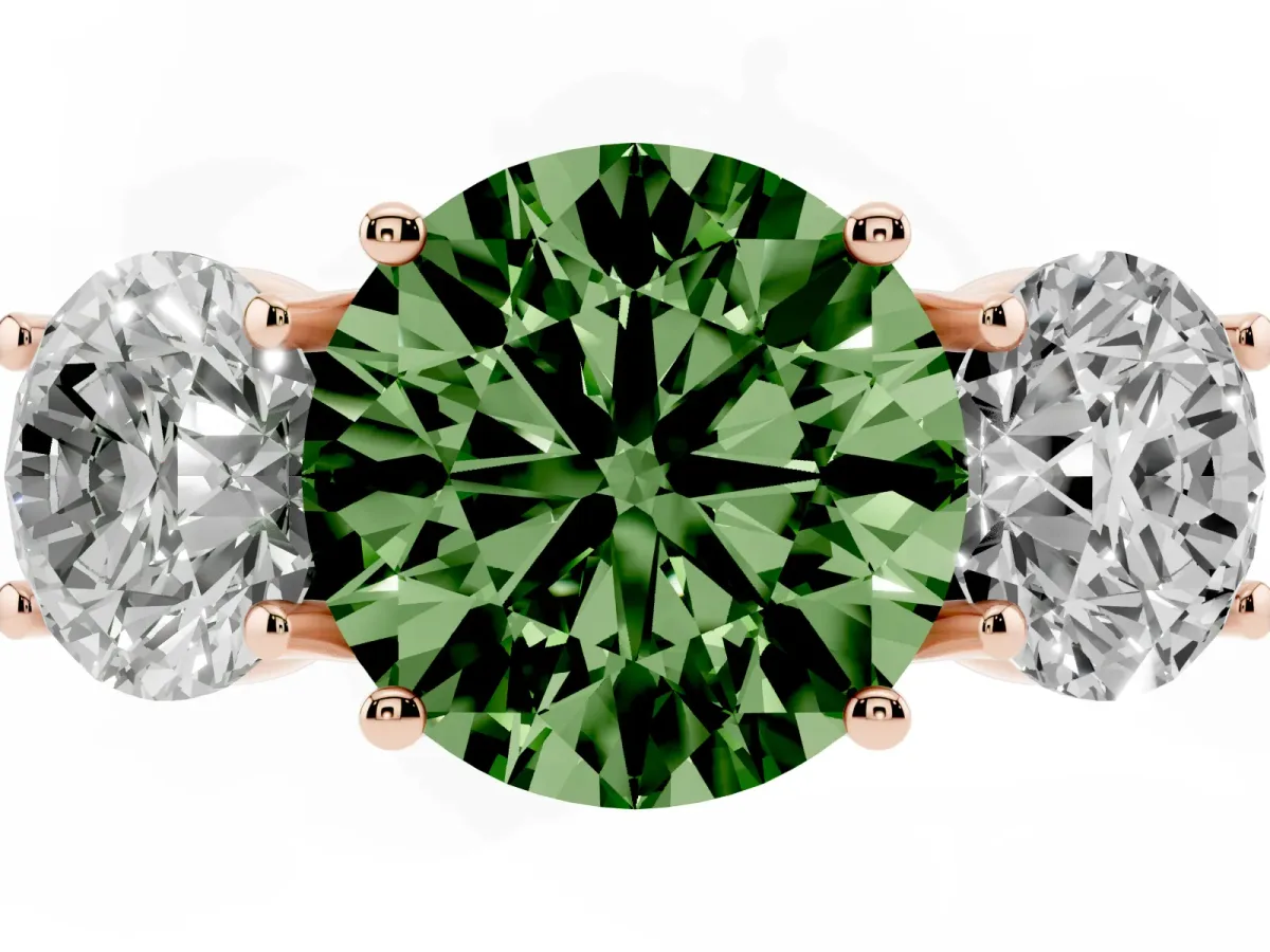 Fancy Green Three-Stone Round Cut Diamond Pavé Band with Prong Setting Rose gold