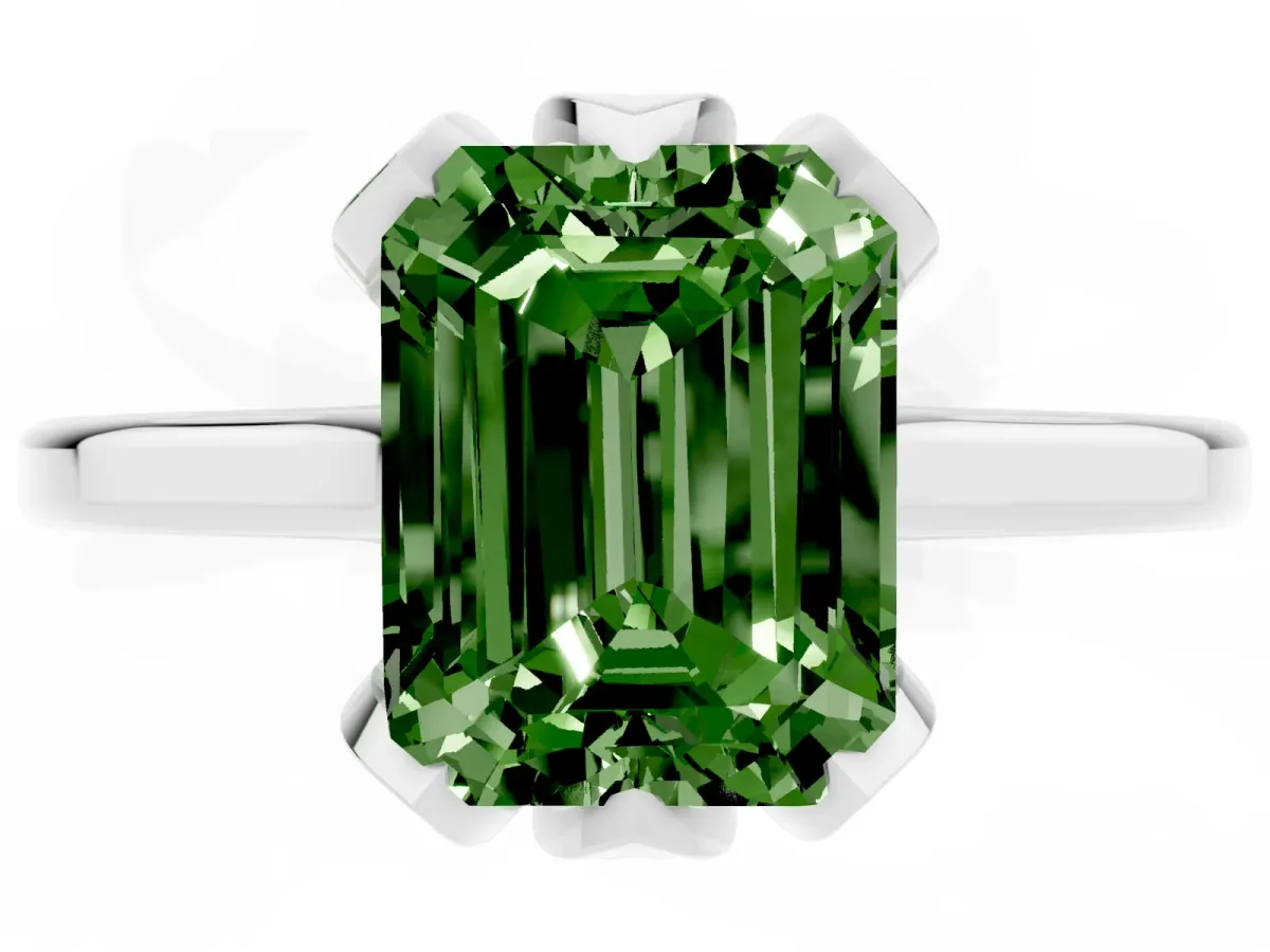 Fancy Green Emerald Cut Diamond Solitaire Ring with Flower Prong Setting and Classic Band Silver