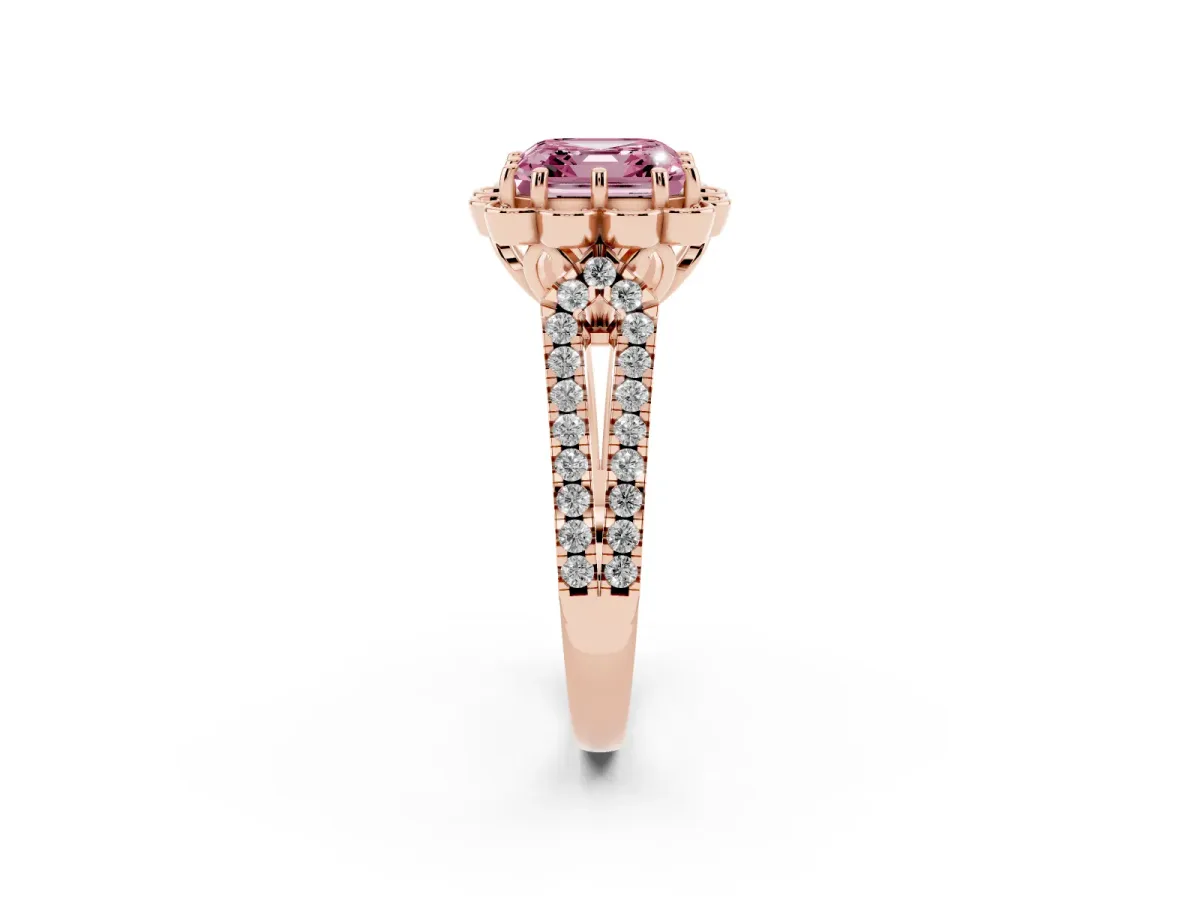 Fancy Pink Asscher Cut Halo Diamond Floral Split Shank Engagement Ring Rose gold